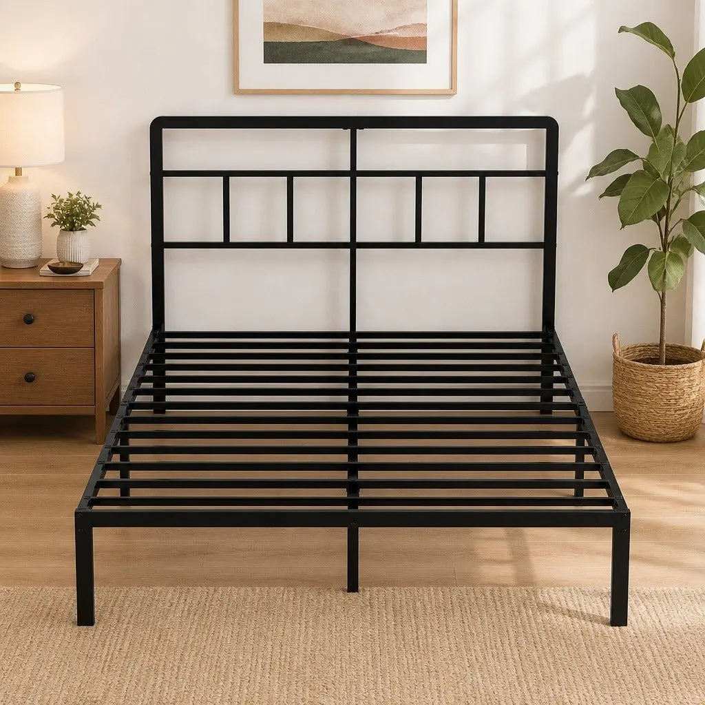 Double Metal Bed Frame Black 120x190cm Heavy Duty with Storage Headboard