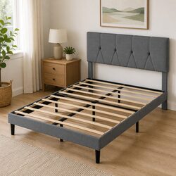 Double Upholstered Platform Bed Frame with Under-Bed Storage Wooden Slat Base