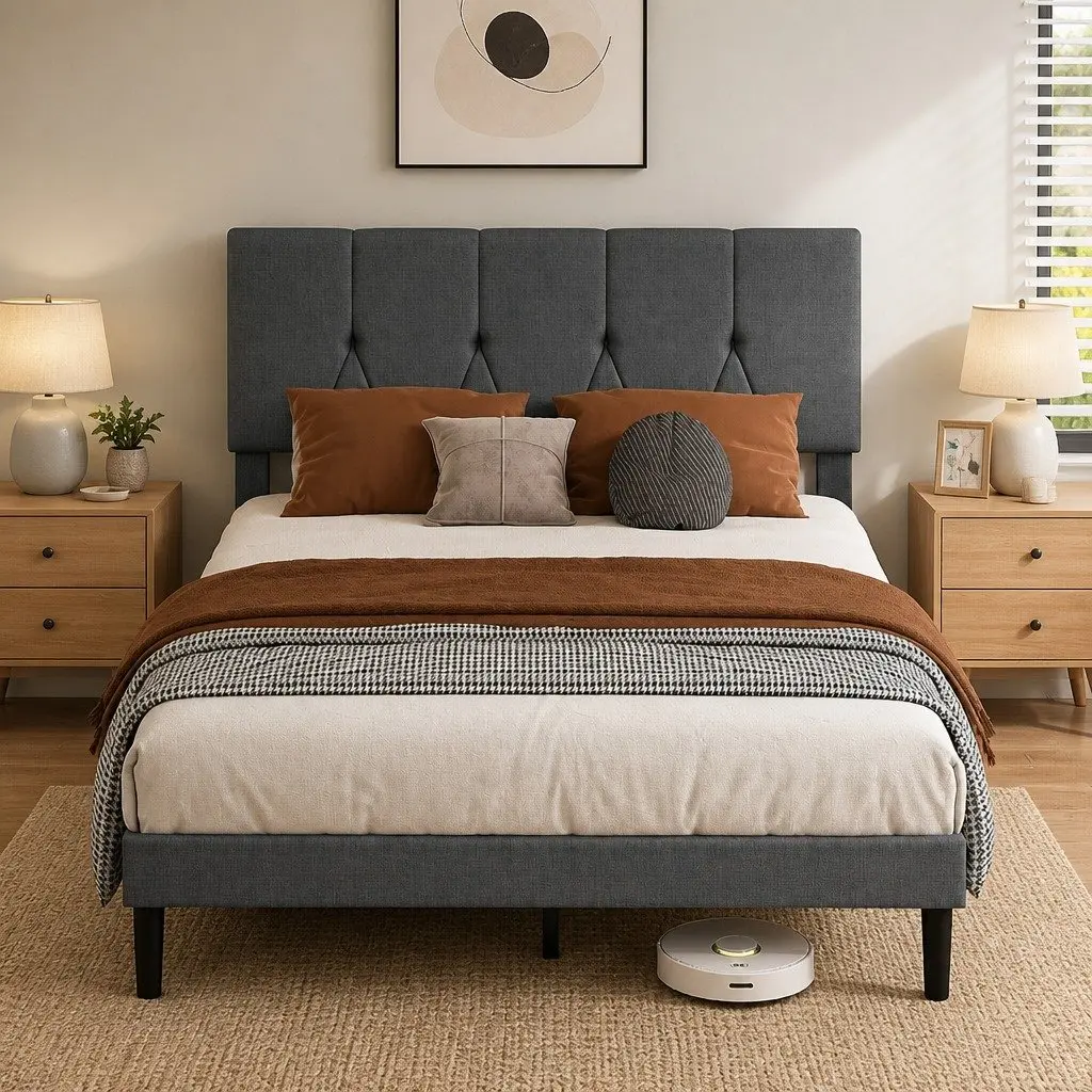 Double Bed Frame Dark Grey 193.5cm x 140cm Upholstered Platform with Under-Bed Storage Wooden Slat Base