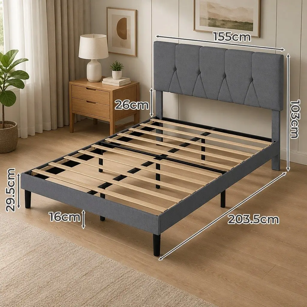 Upholstered Platform Bed Frame Grey Queen Size Storage Wooden Slat Base Modern