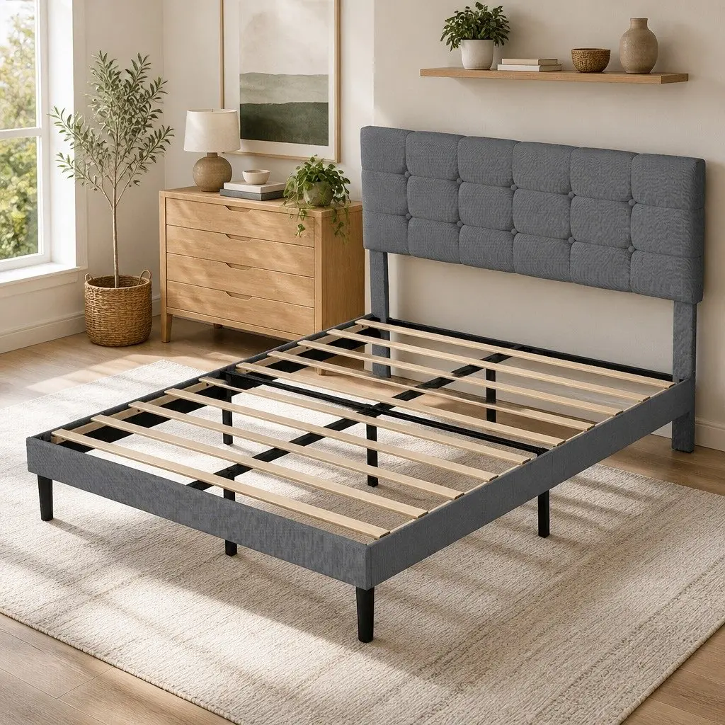 Upholstered Platform Bed Frame Queen Size Storage Base Wooden Slats Grey
