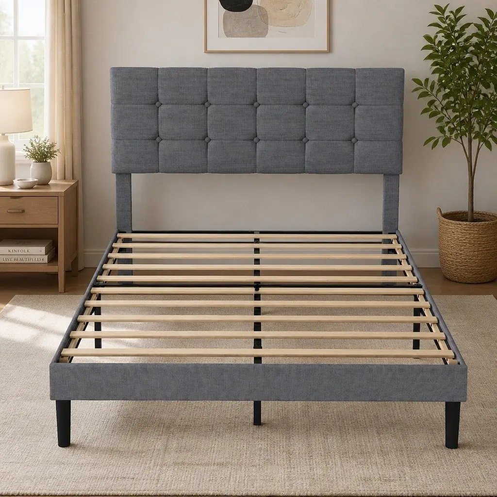 Upholstered Platform Bed Frame Queen Size Storage Base Wooden Slats Grey