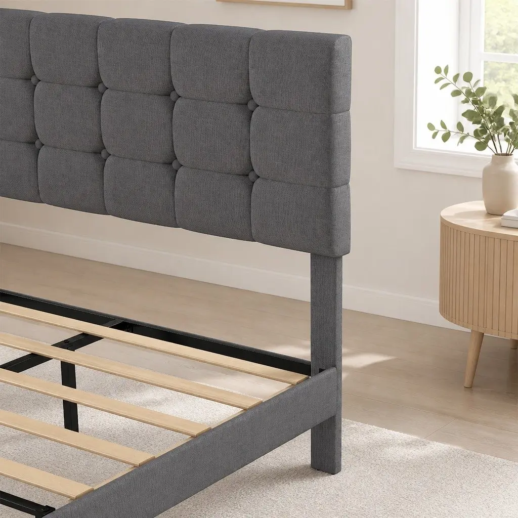 Upholstered Platform Bed Frame Queen Size Storage Base Wooden Slats Grey