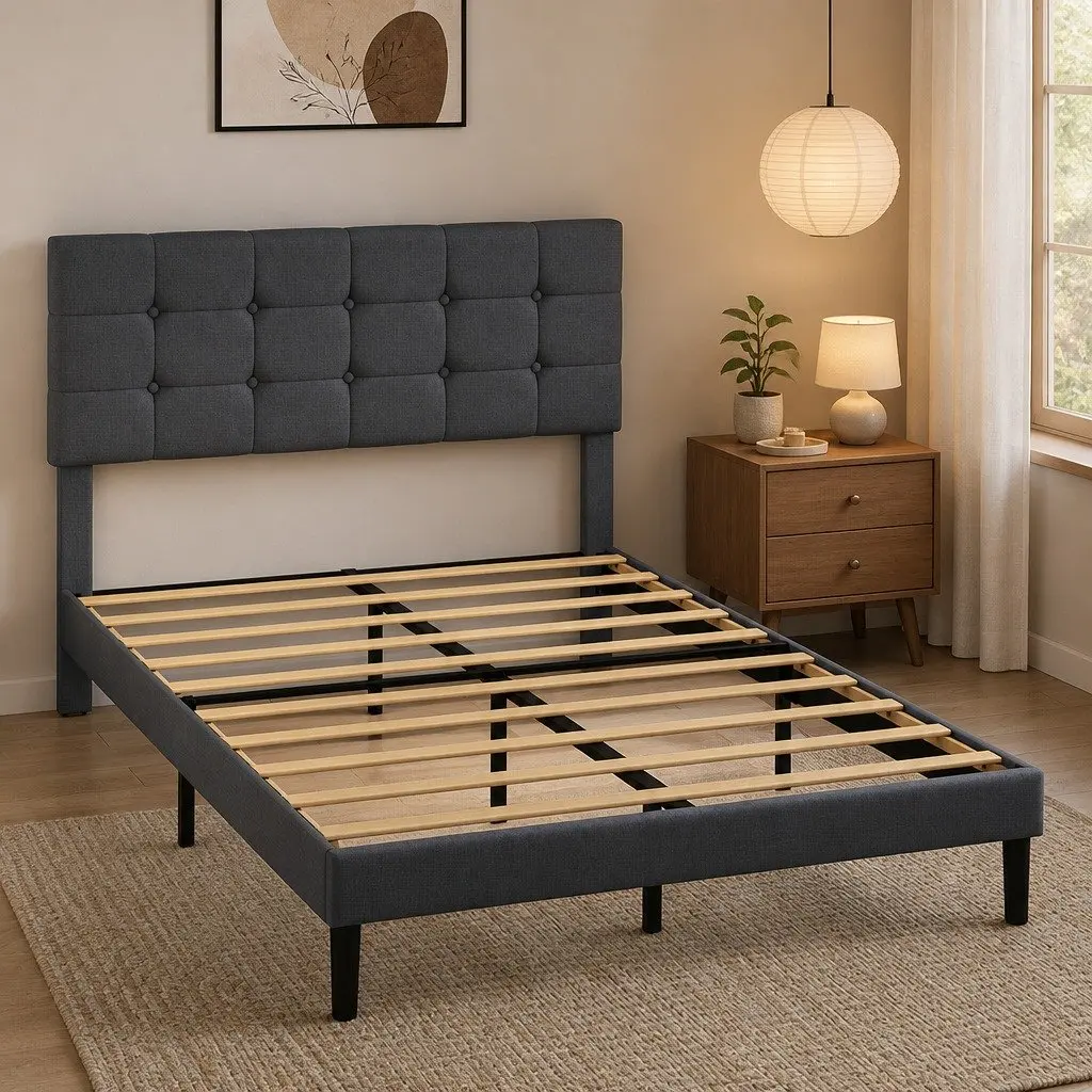 Upholstered Platform Bed Frame Queen Size Storage Base Wooden Slats Grey