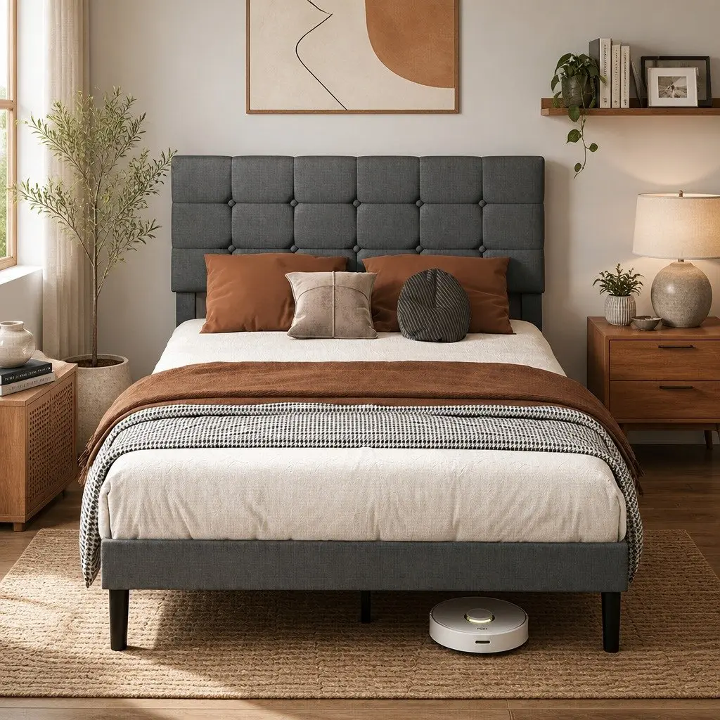 Upholstered Platform Bed Frame Queen Size Storage Base Wooden Slats Grey