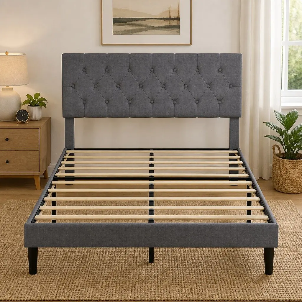 Upholstered Platform Bed Frame Double Mattress Base Wooden Slat Storage