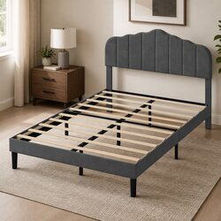 Upholstered Platform Bed Frame Queen Size Wooden Slat Storage Base Dark Grey