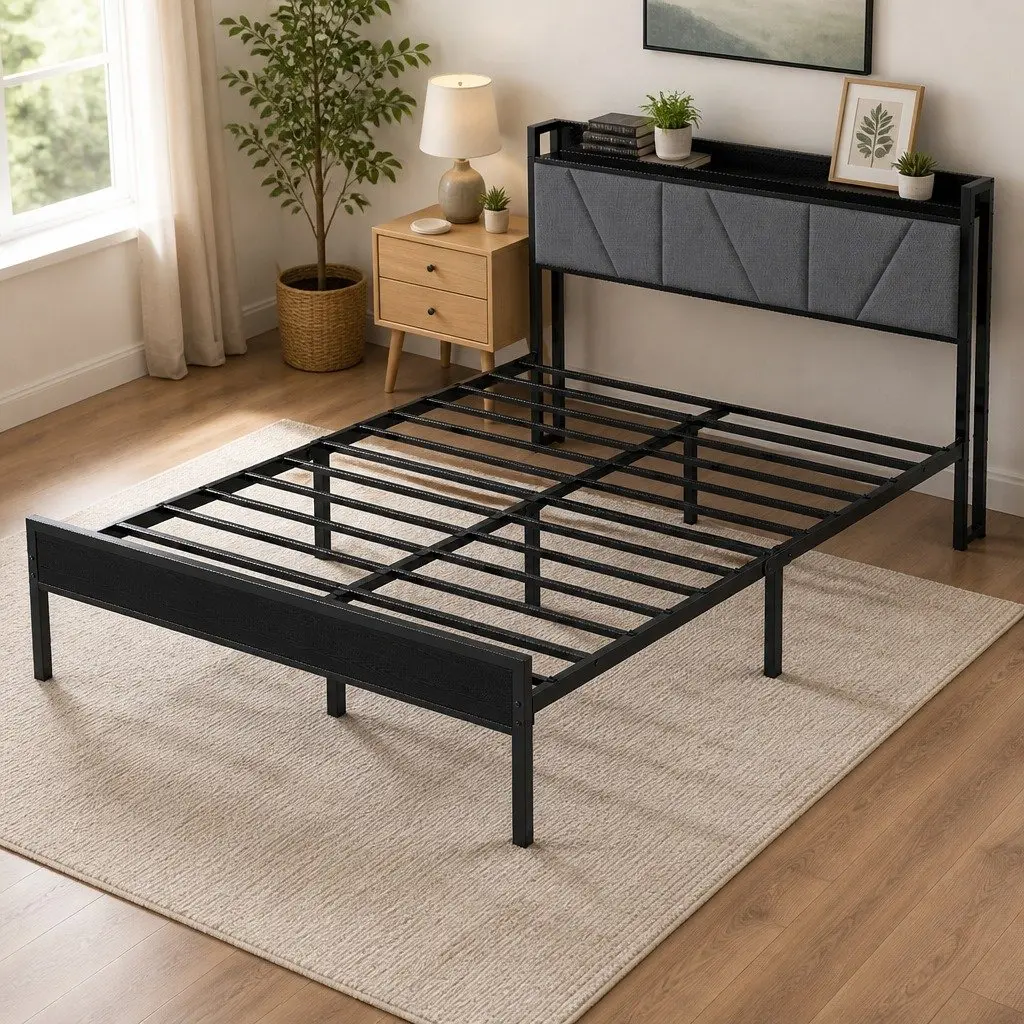 Double Bed Frame Grey Steel Base Upholstered Headboard Modern Platform Storage