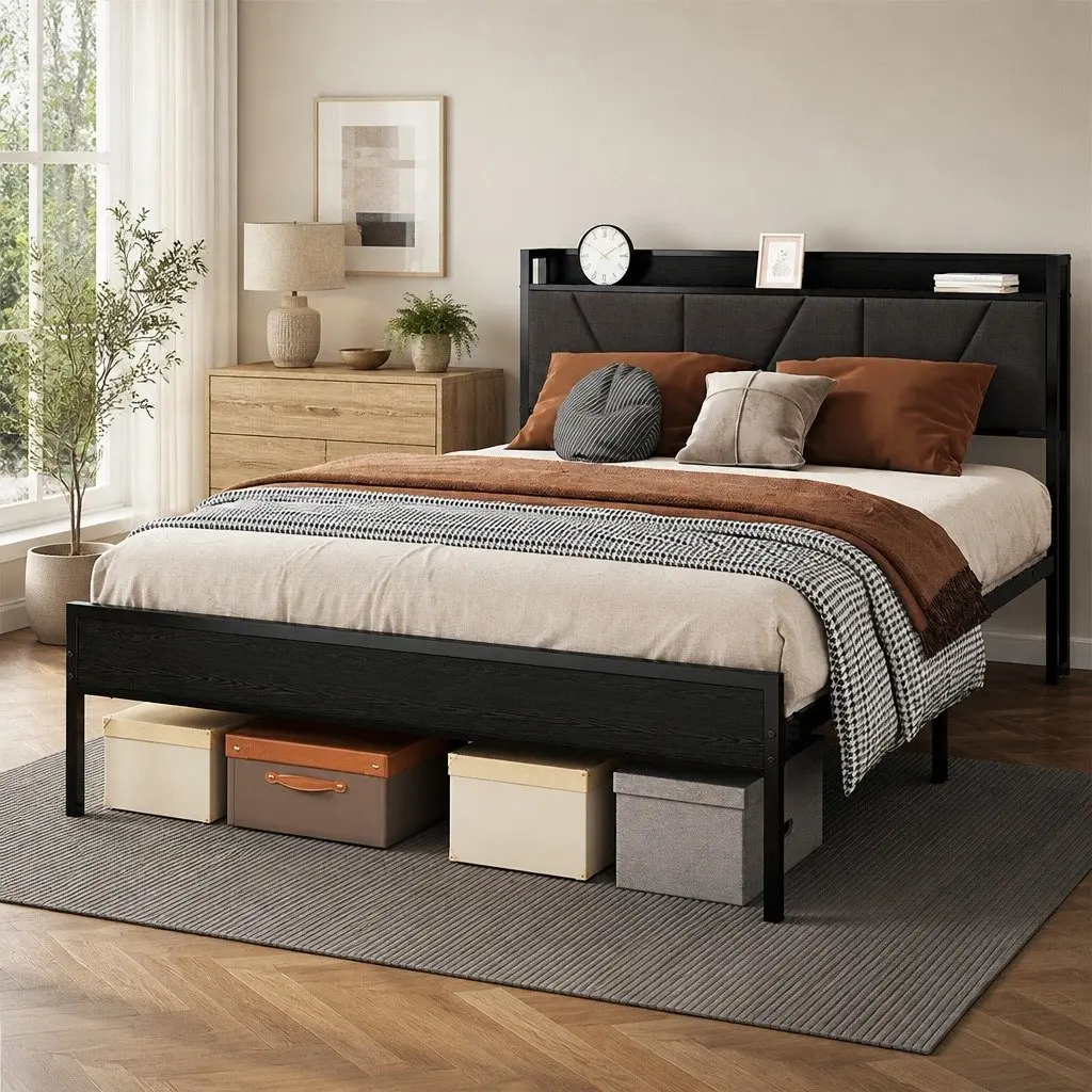Double Bed Frame Grey Steel Base Upholstered Headboard Modern Platform Storage