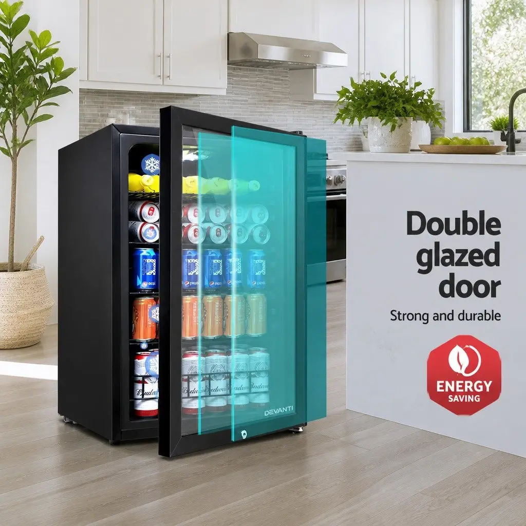 Bar Fridge 115L Glass Door LED Light Black Compact Beverage Cooler Portable