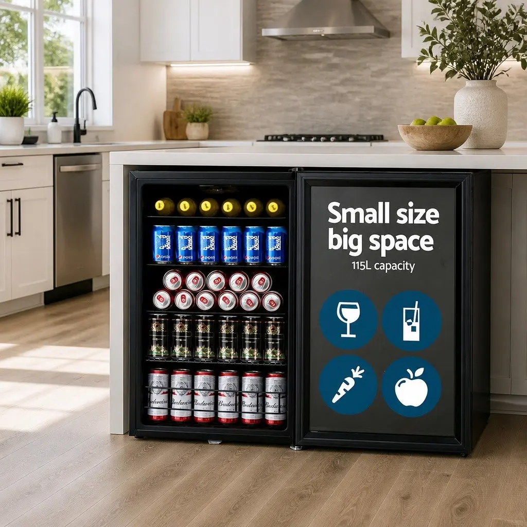 Bar Fridge 115L Glass Door LED Light Black Compact Beverage Cooler Portable