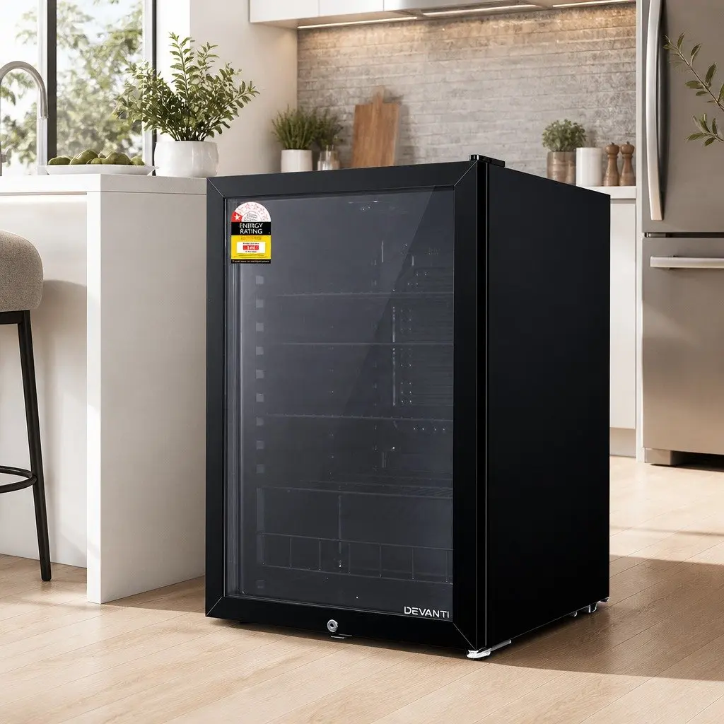 Bar Fridge 115L Glass Door LED Light Black Compact Beverage Cooler Portable