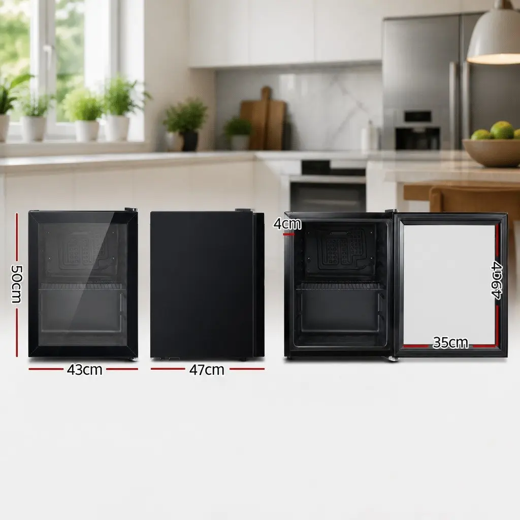 46L Bar Fridge Glass Door Beverage Cooler Mini Portable Compact Black Chiller