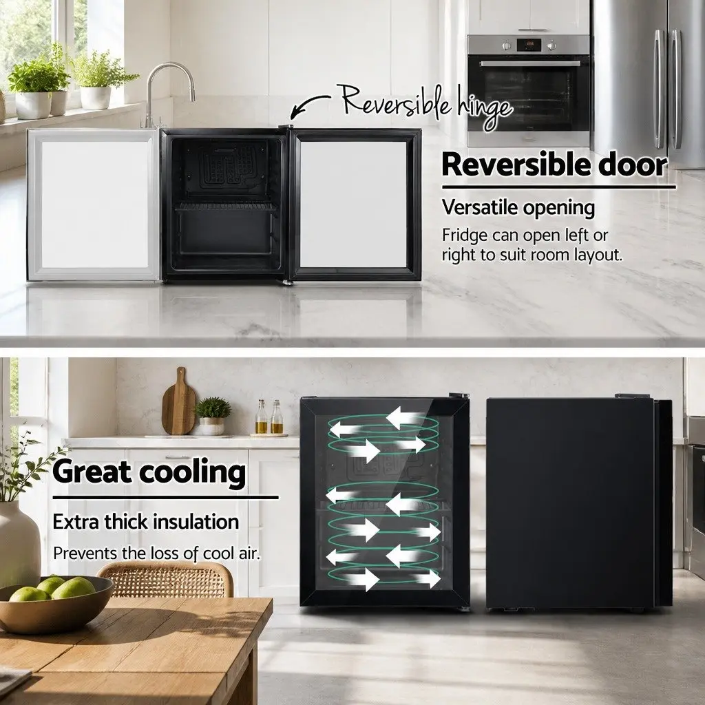 46L Bar Fridge Glass Door Beverage Cooler Mini Portable Compact Black Chiller