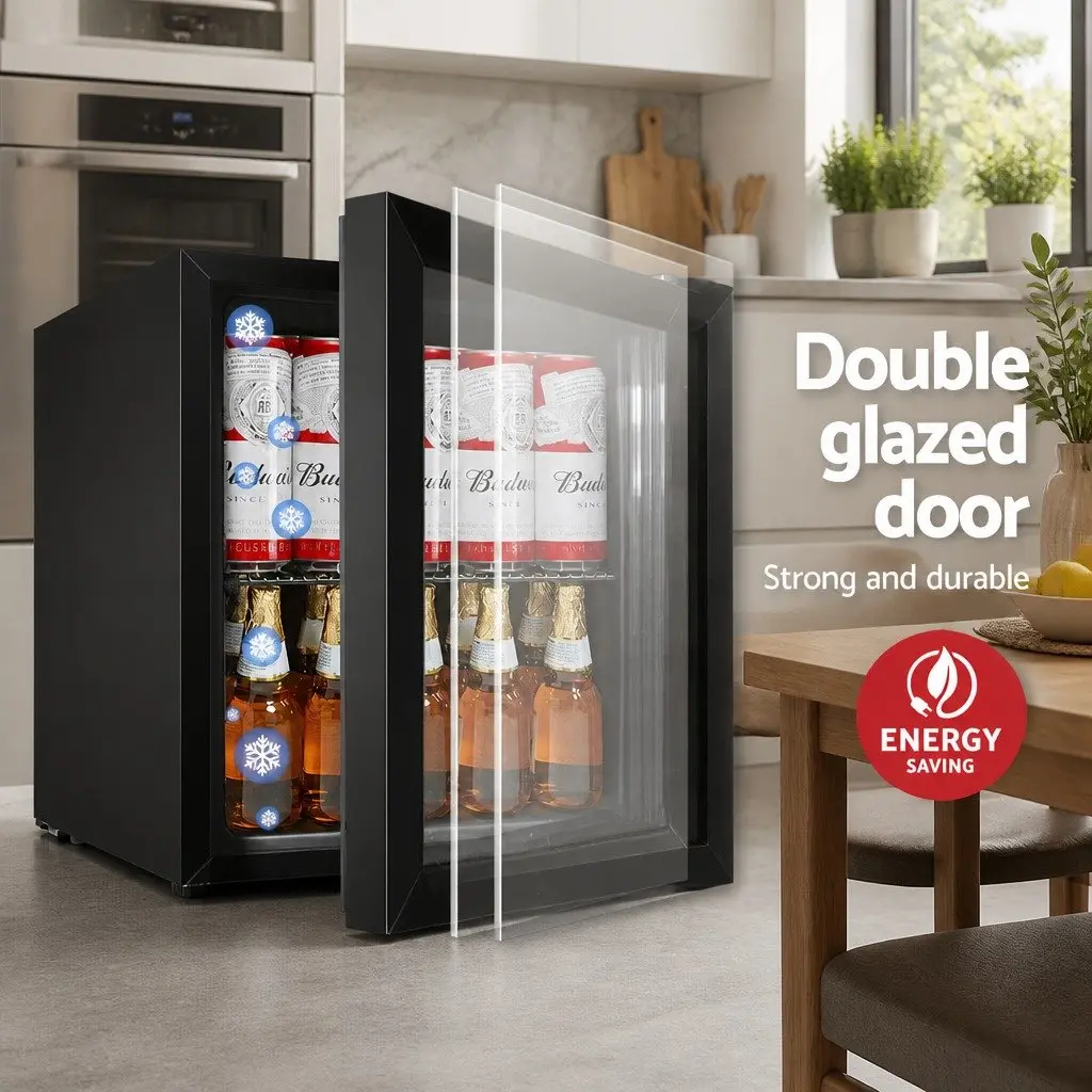 46L Bar Fridge Glass Door Beverage Cooler Mini Portable Compact Black Chiller