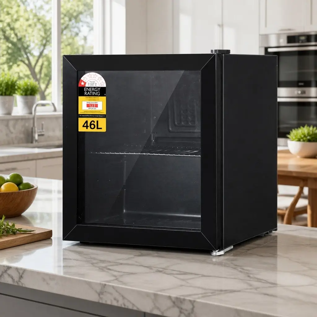 46L Bar Fridge Glass Door Beverage Cooler Mini Portable Compact Black Chiller