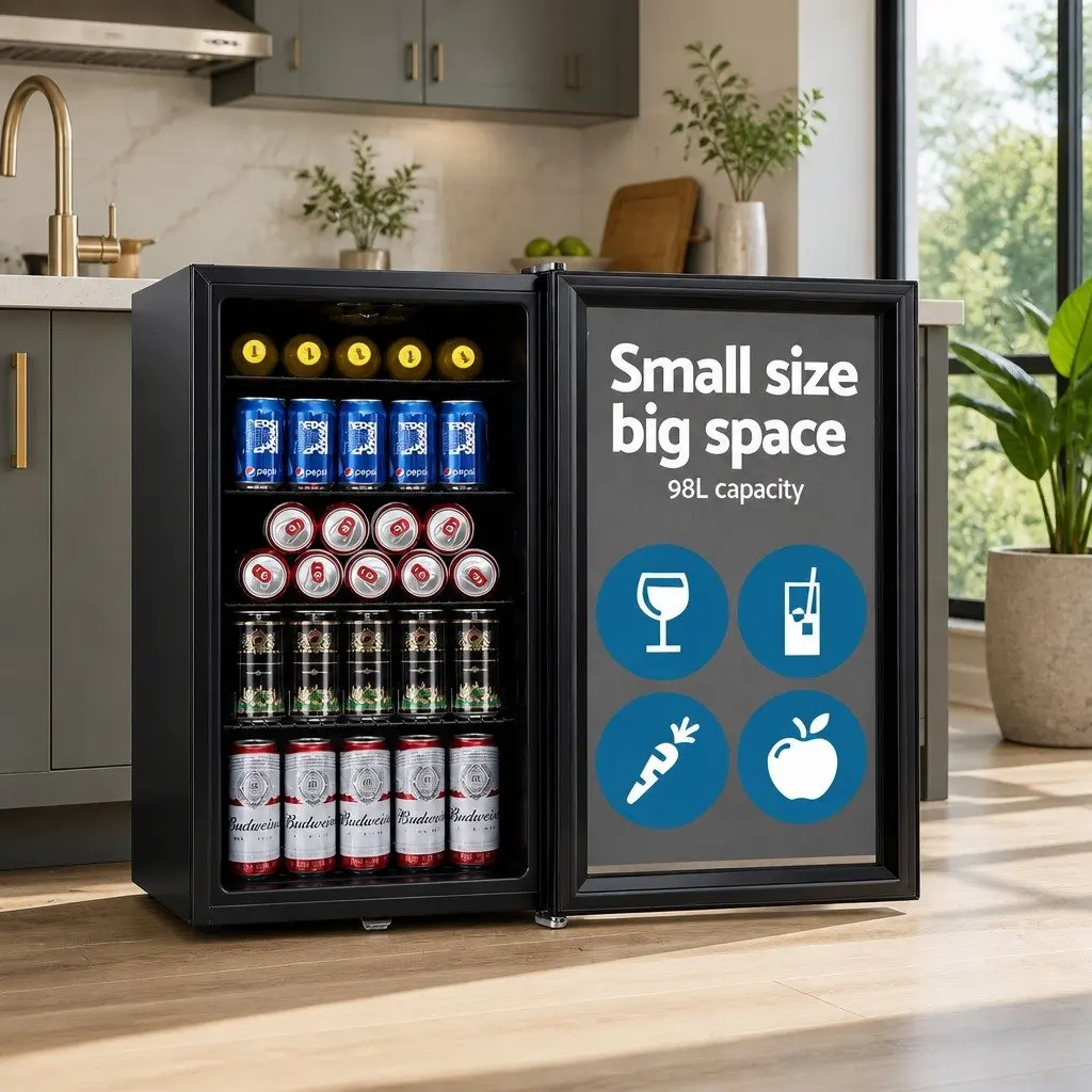 Bar Fridge 98L Glass Door Mini Fridge Freezer Compact Portable Beverage Cooler