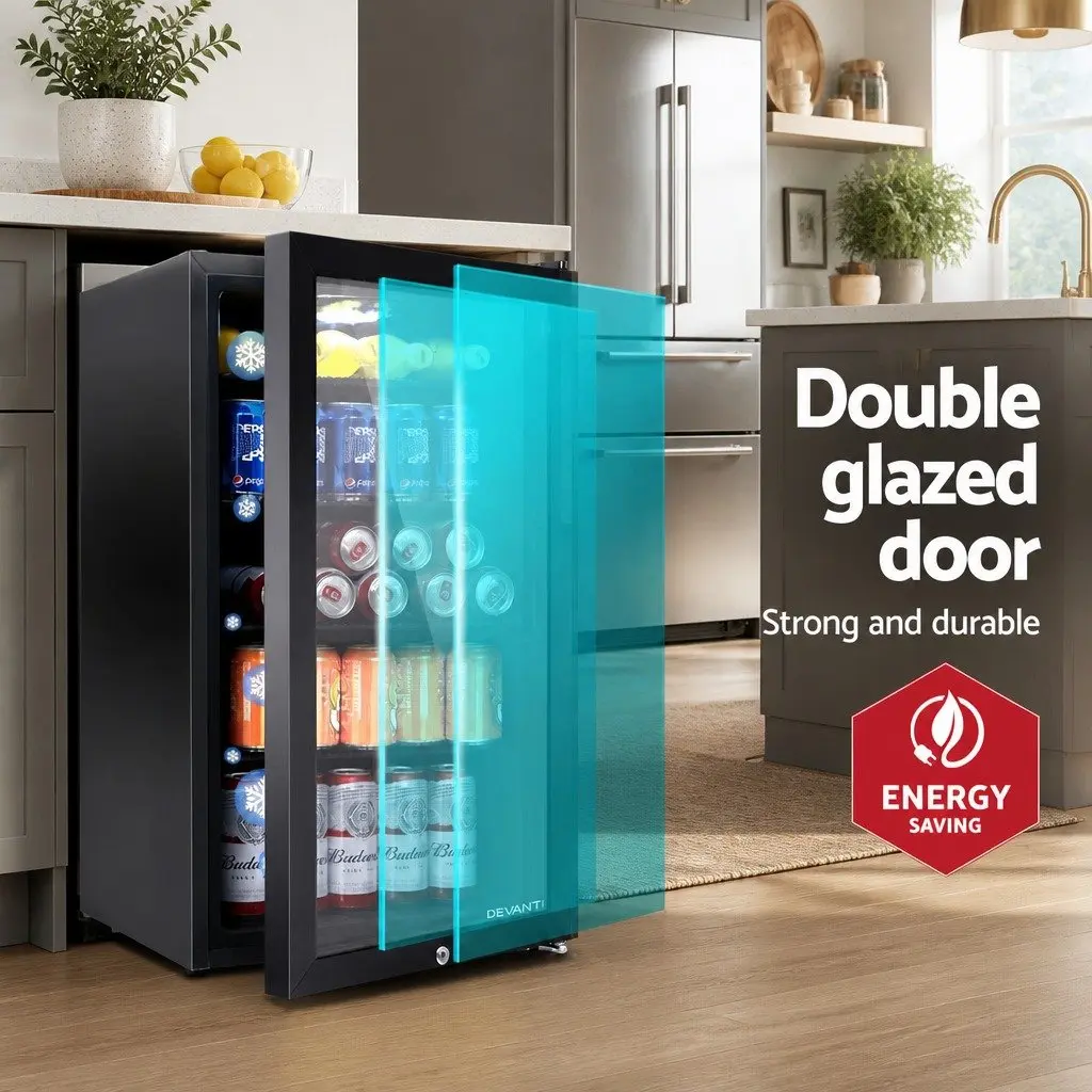 Bar Fridge 98L Glass Door Mini Fridge Freezer Compact Portable Beverage Cooler