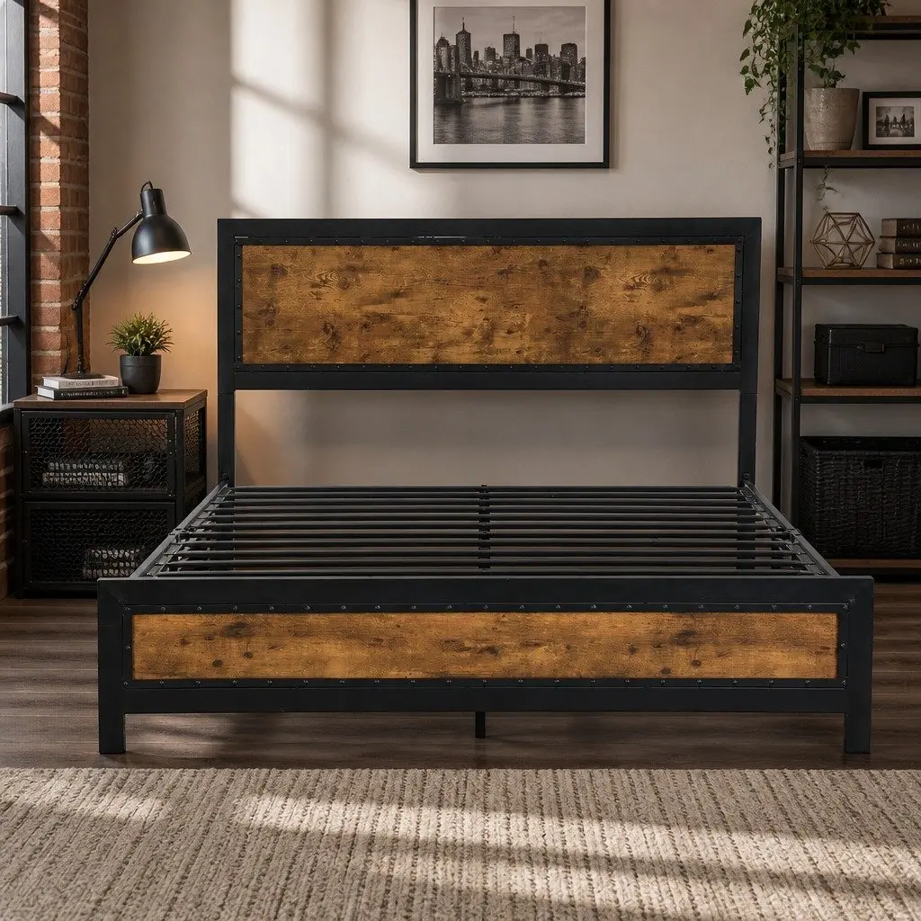 Double Metal Bed Frame with Storage Drawers Steel Slats Industrial Bedroom