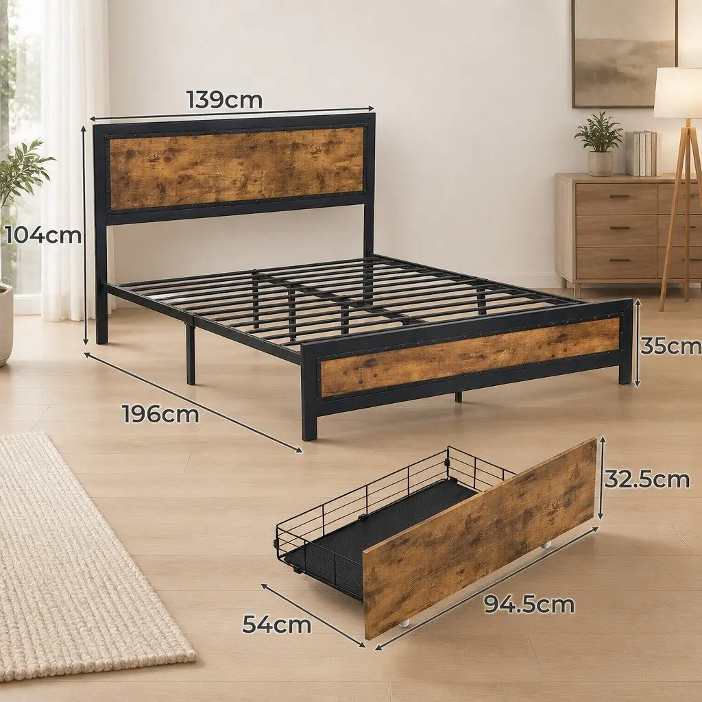 Double Metal Bed Frame with Storage Drawers Steel Slats Industrial Bedroom