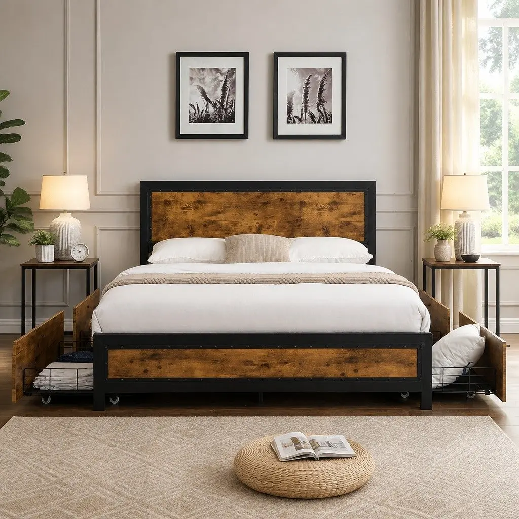 Double Metal Bed Frame with Storage Drawers Steel Slats Industrial Bedroom