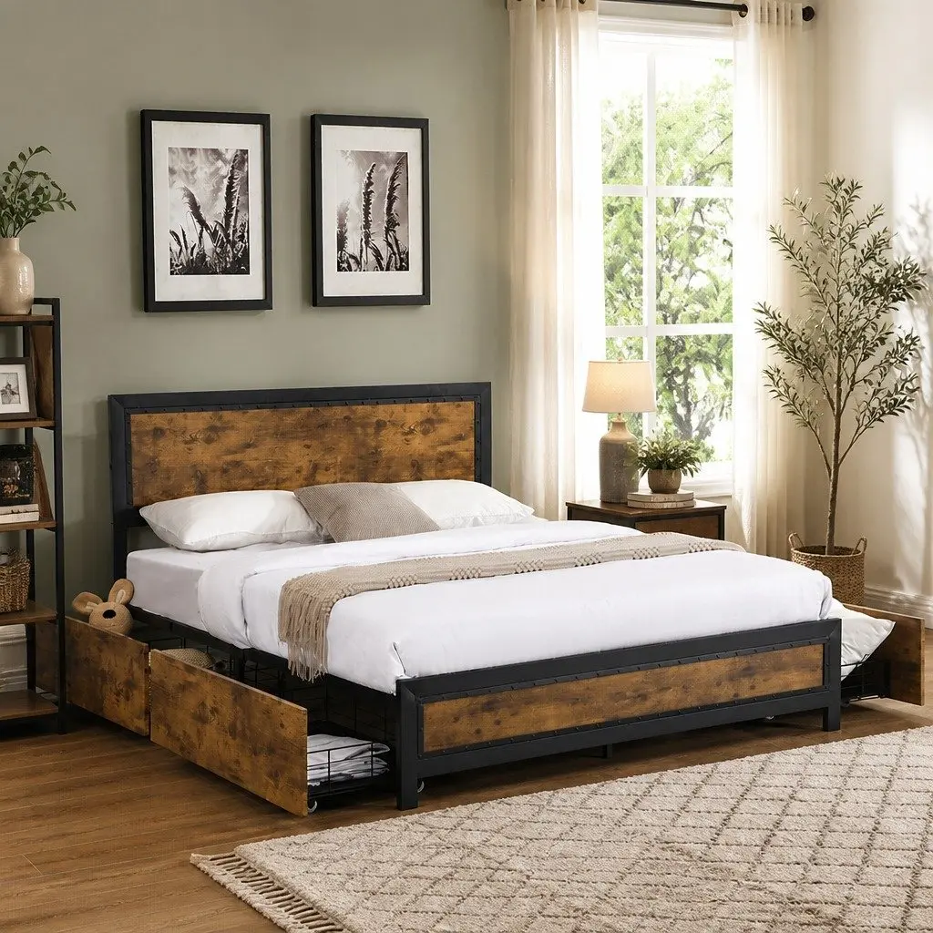 Queen Metal Bed Frame with Under-Bed Storage Drawers Industrial Platform Slat
