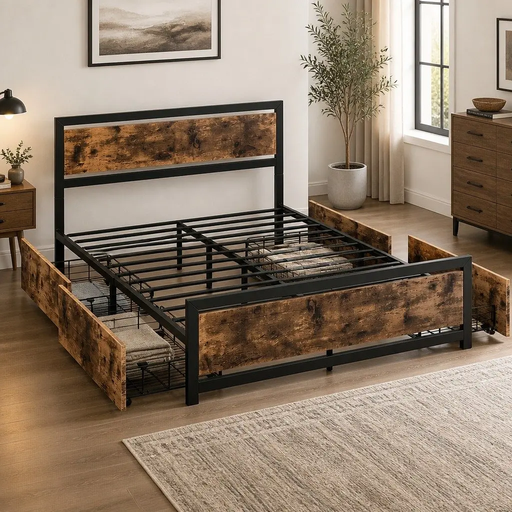 Double Bed Frame with Steel Construction and Storage