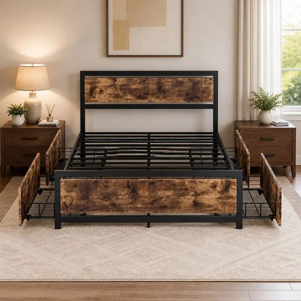 Double Bed Frame with Steel Construction and Storage