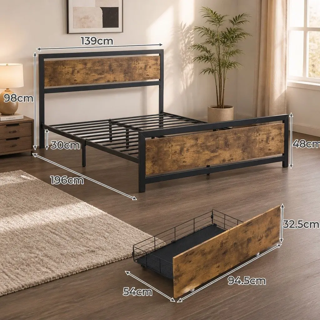Double Bed Frame with Steel Construction and Storage