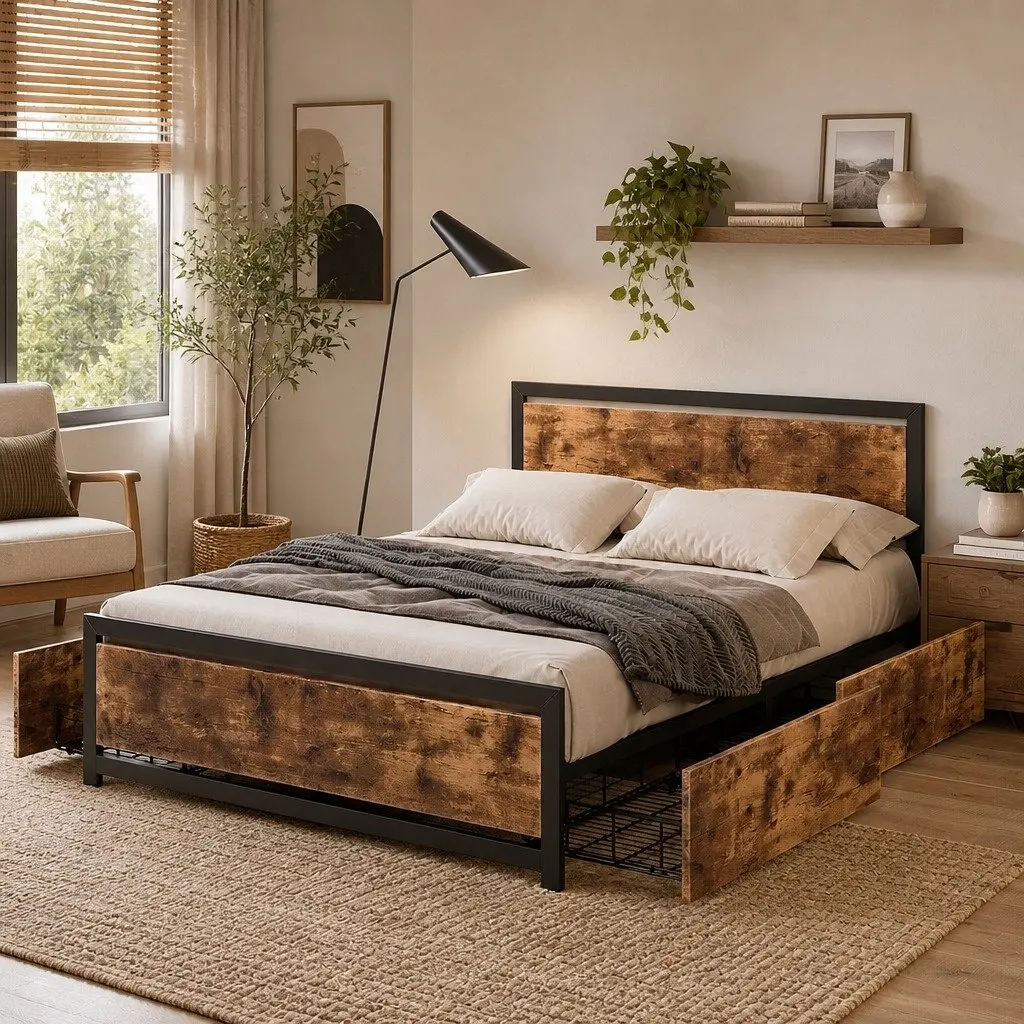 Double Bed Frame with Steel Construction and Storage