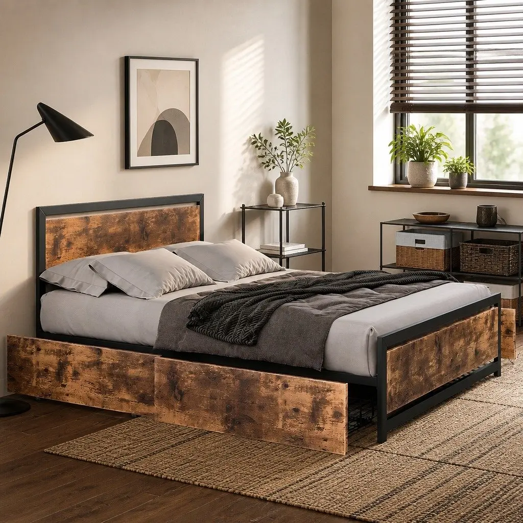 Double Bed Frame with Steel Construction and Storage