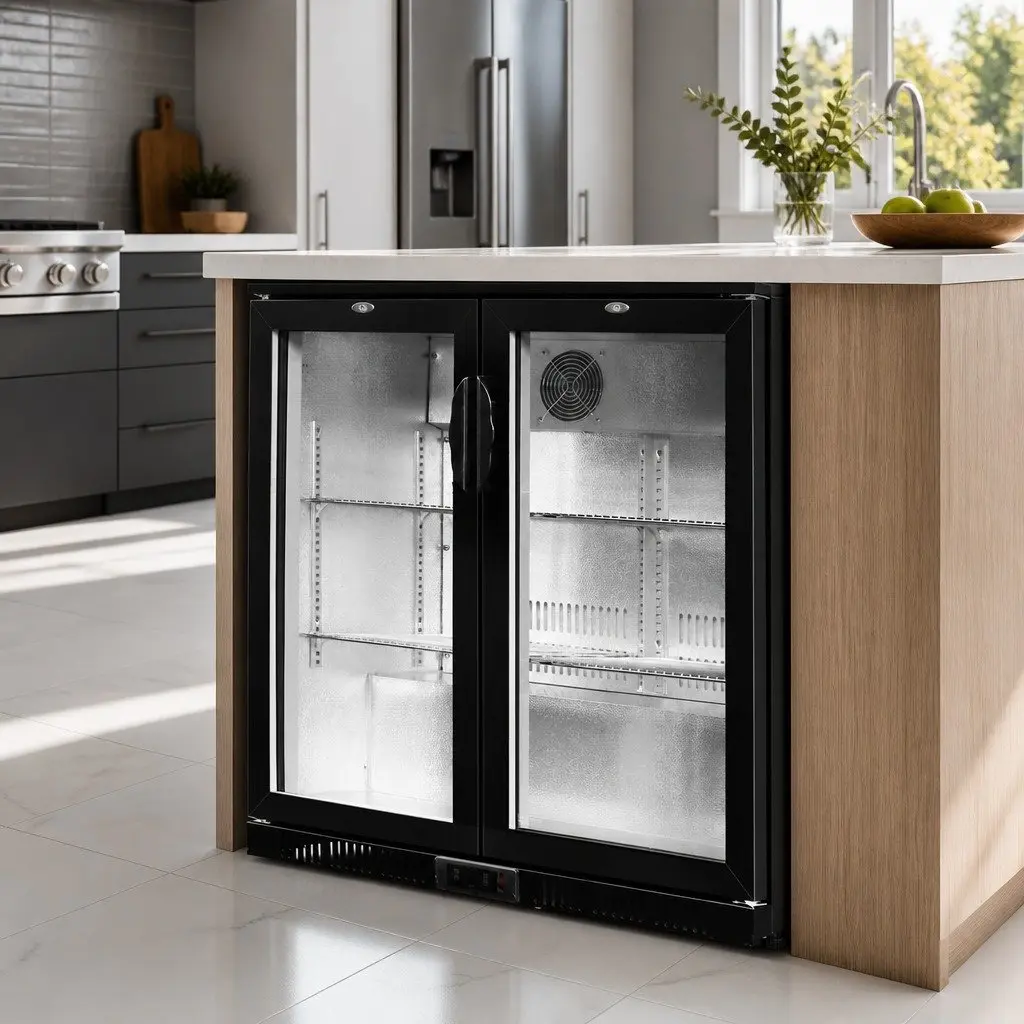 Bar Fridge 198L Dual Glass Door LED Display Black Commercial Beverage Cooler