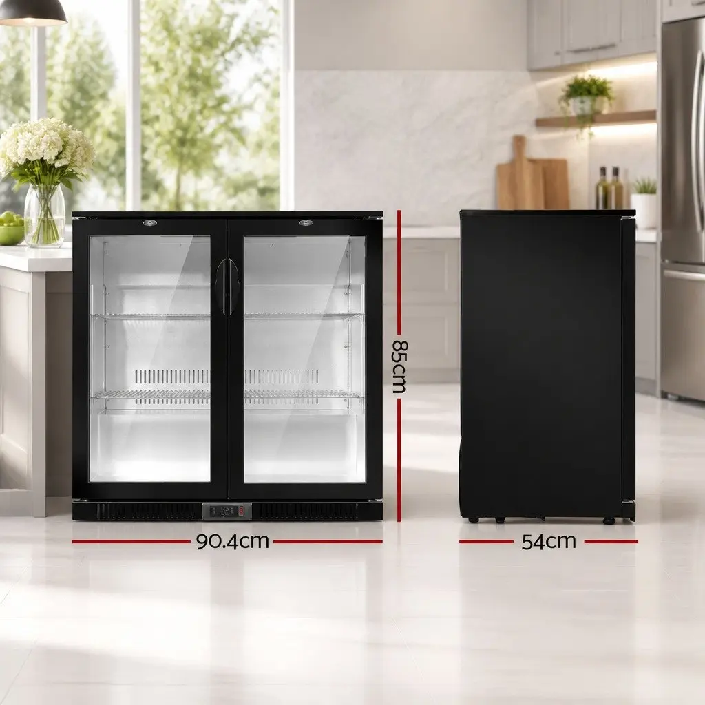Bar Fridge Black 198L Dual Glass Door LED Display Commercial Beverage Cooler