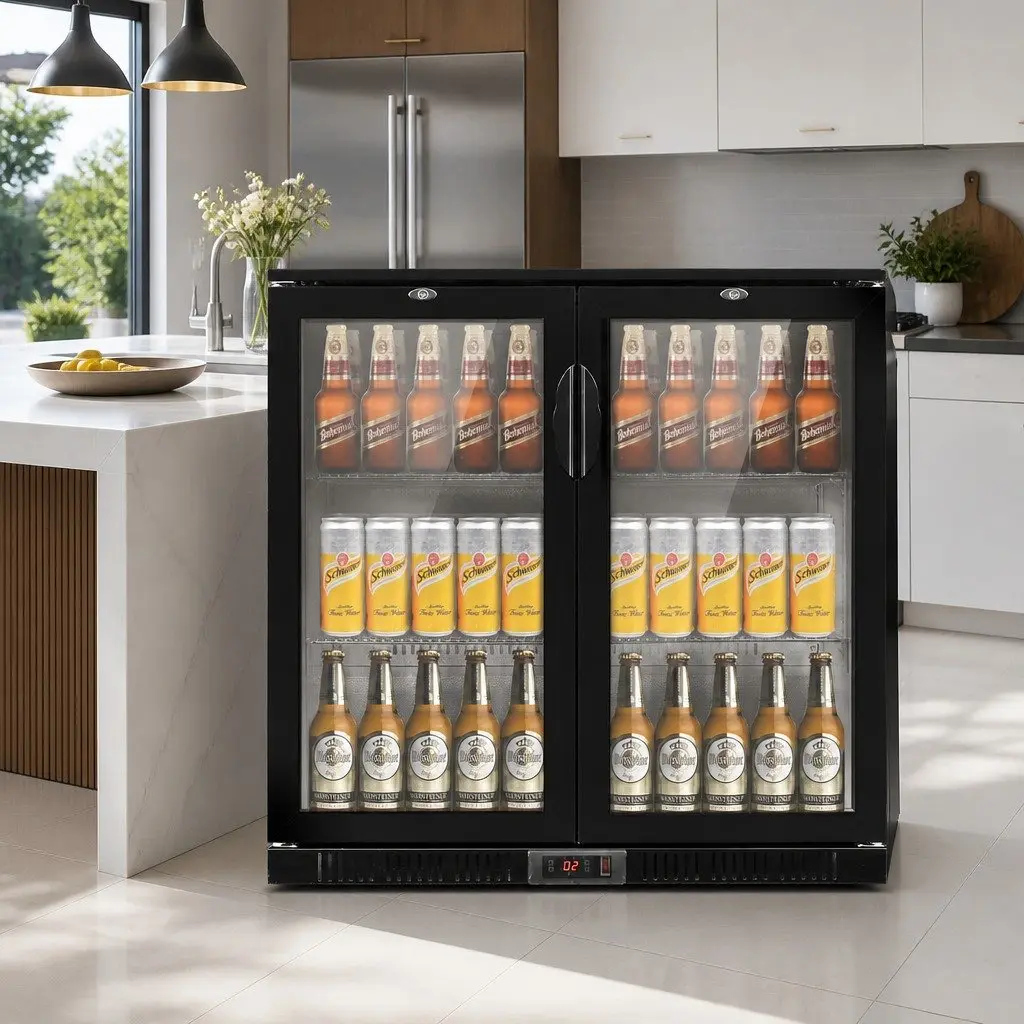 Bar Fridge Black 198L Dual Glass Door LED Display Commercial Beverage Cooler