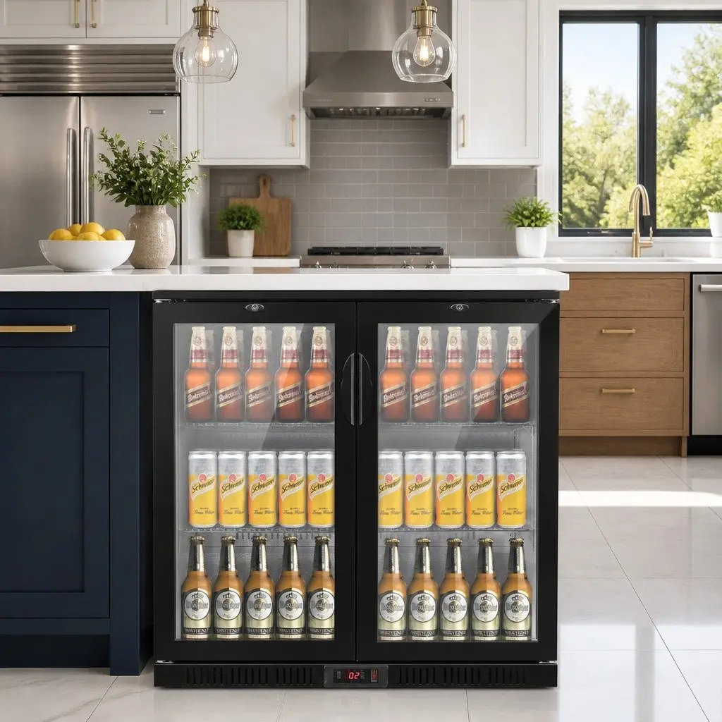 Bar Fridge Black 198L Dual Glass Door LED Display Commercial Beverage Cooler