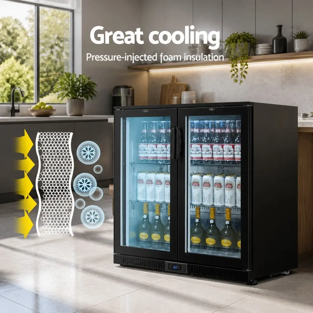 Bar Fridge Black 198L Dual Glass Door LED Display Commercial Beverage Cooler
