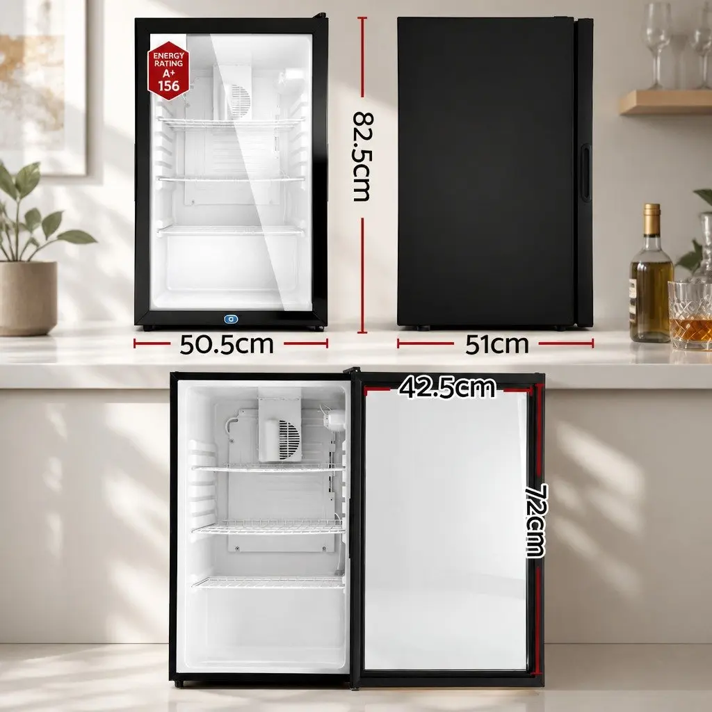 Bar Fridge Black 105L Countertop Mini Cooler Glass Door Adjustable Temperature