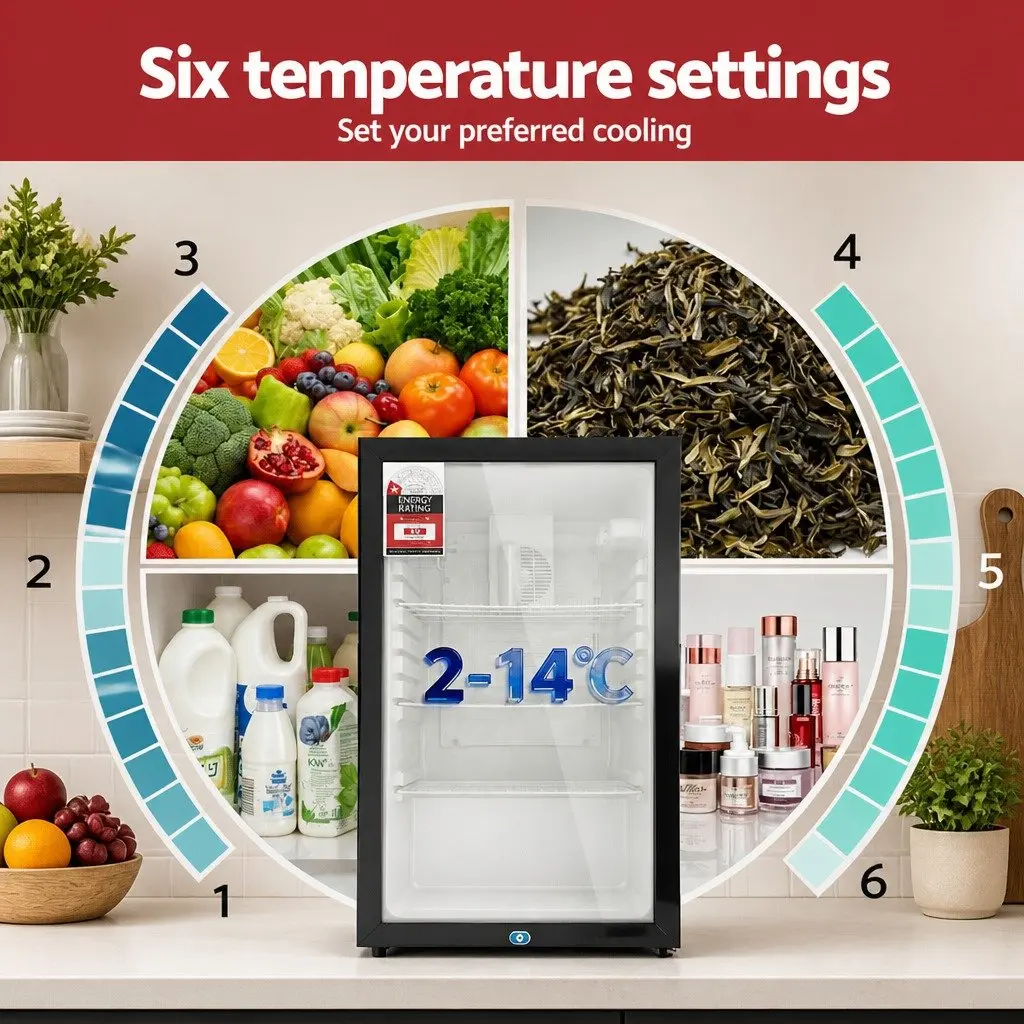 Bar Fridge Black 105L Countertop Mini Cooler Glass Door Adjustable Temperature