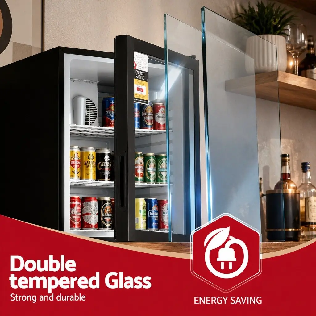 Bar Fridge Black 105L Countertop Mini Cooler Glass Door Adjustable Temperature