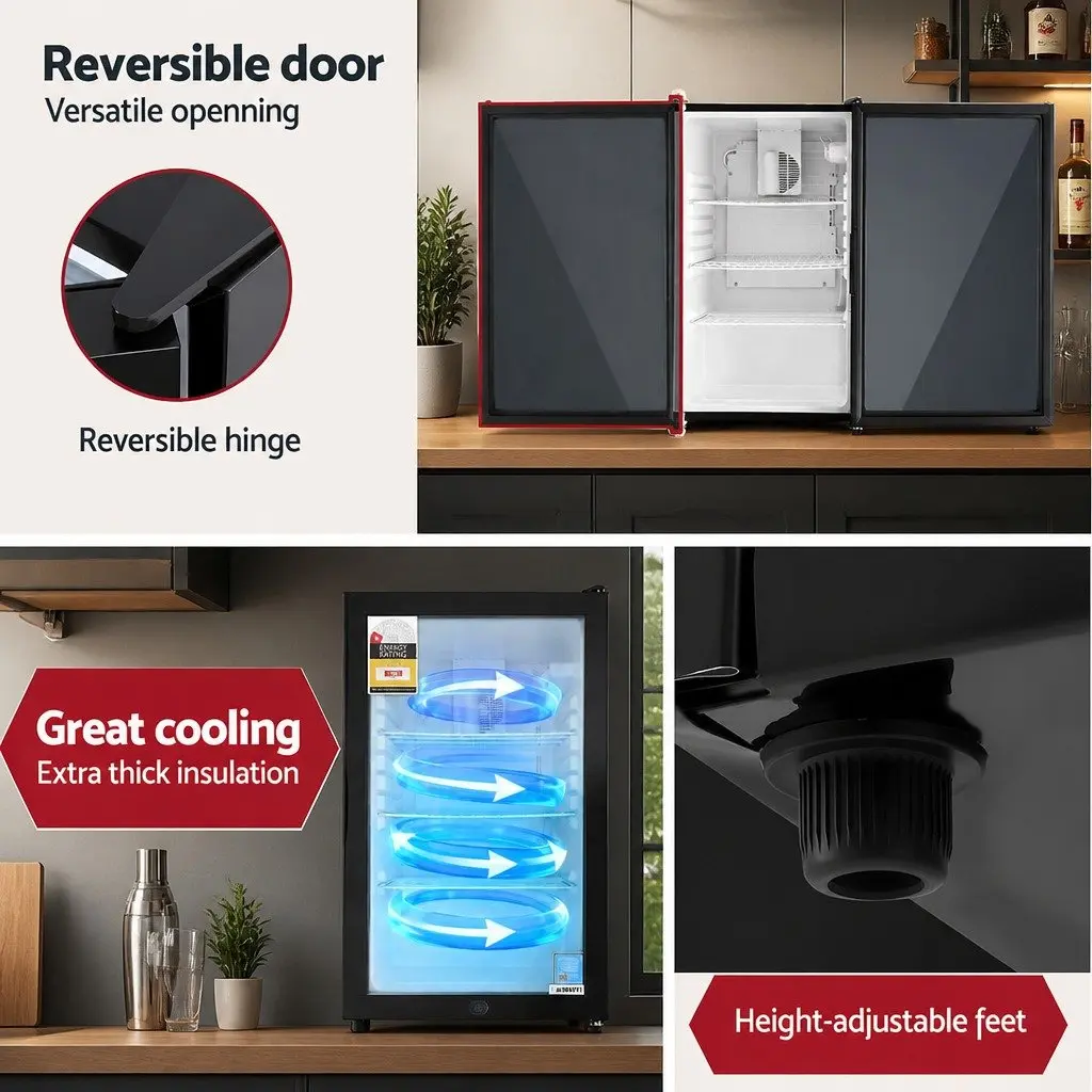 Bar Fridge Black 105L Countertop Mini Cooler Glass Door Adjustable Temperature