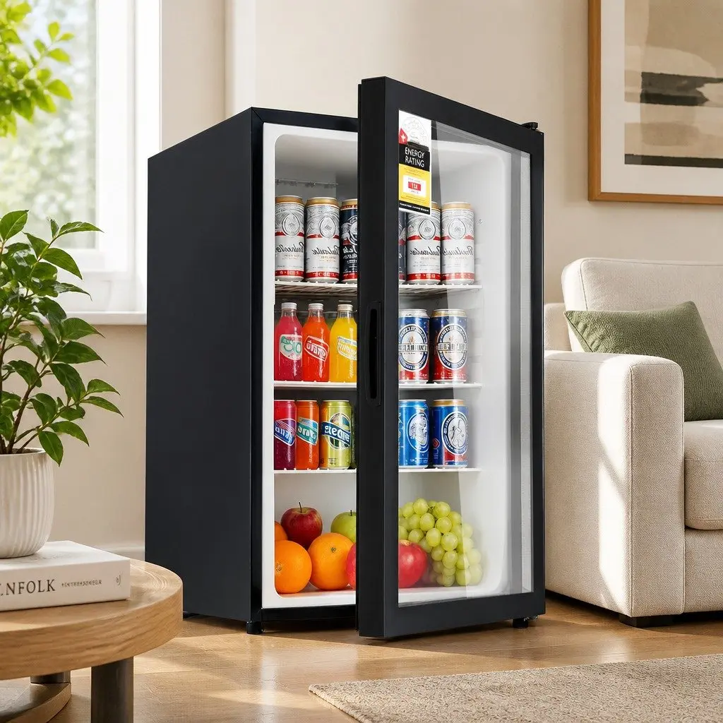 Bar Fridge Black 105L Countertop Mini Cooler Glass Door Adjustable Temperature