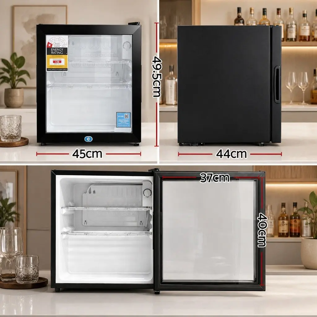Bar Fridge Black 40L Countertop Mini Cooler with Glass Door Adjustable Temperature and LED Light