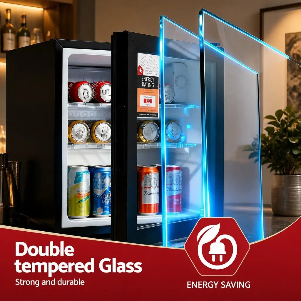 Bar Fridge Black 40L Countertop Mini Cooler with Glass Door Adjustable Temperature and LED Light