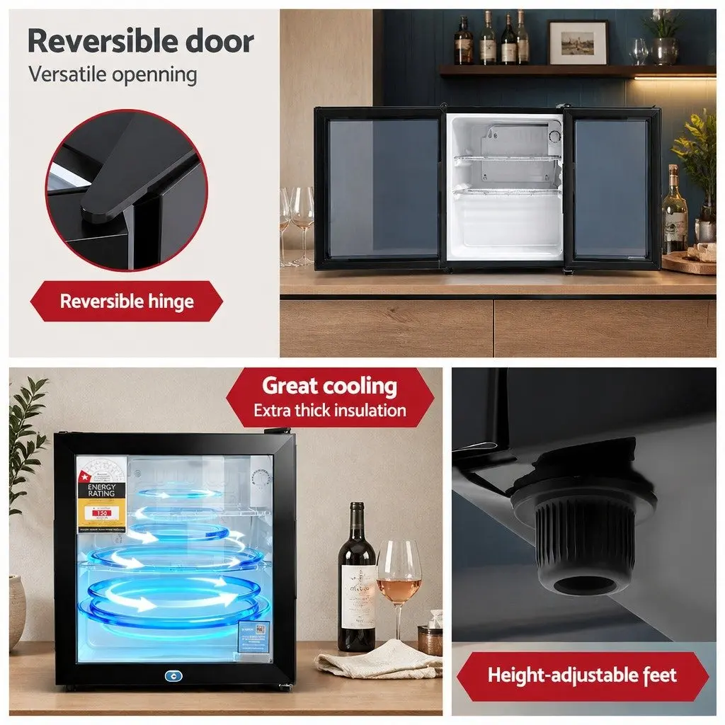 Bar Fridge Black 40L Countertop Mini Cooler with Glass Door Adjustable Temperature and LED Light