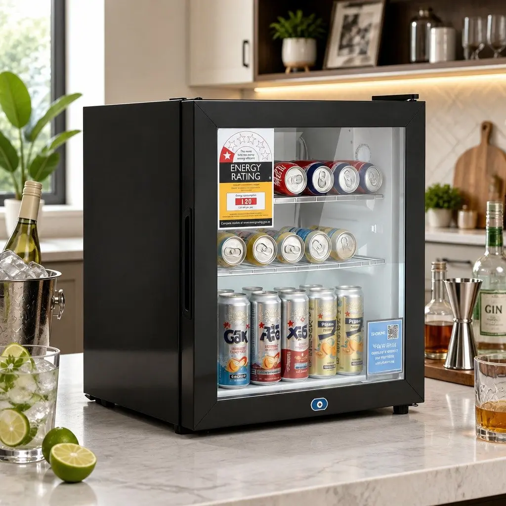 Bar Fridge Black 40L Countertop Mini Cooler with Glass Door Adjustable Temperature and LED Light