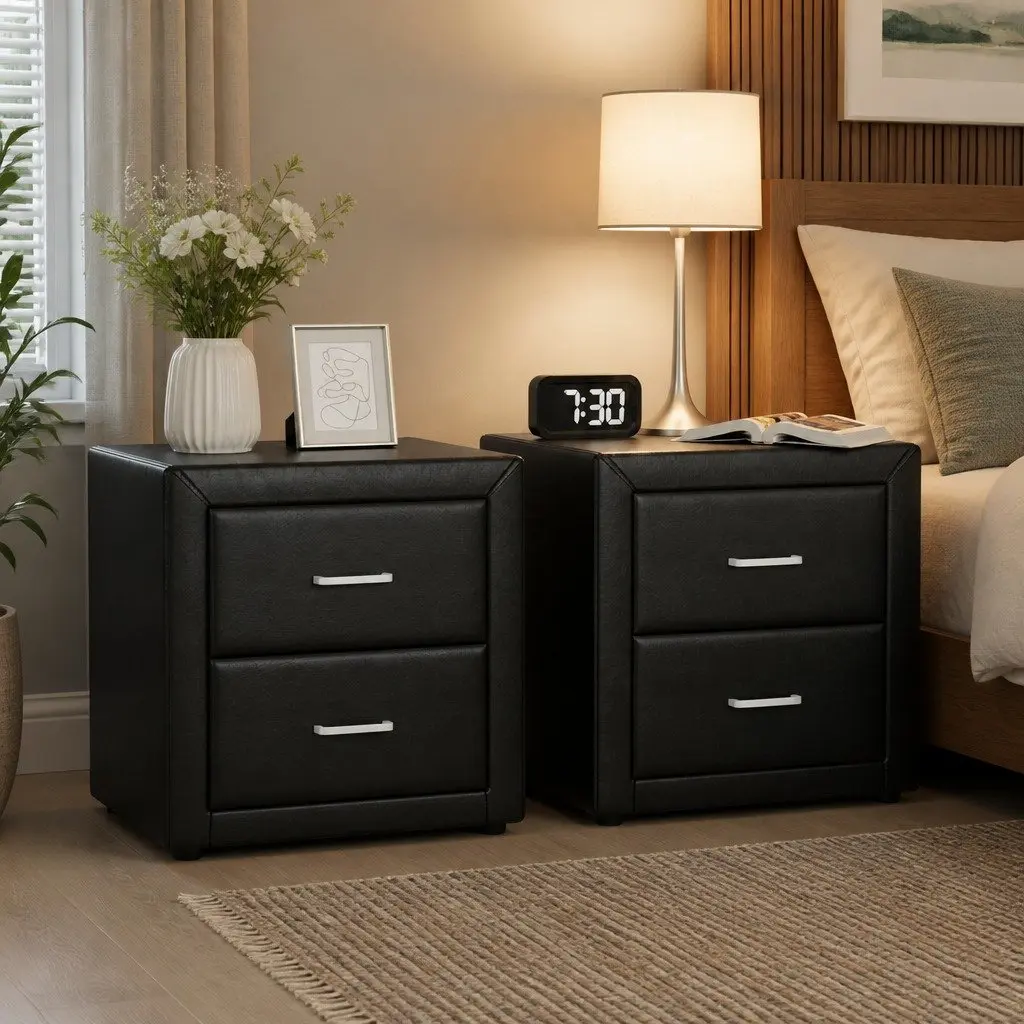 Black Bedside Table with Two Drawers