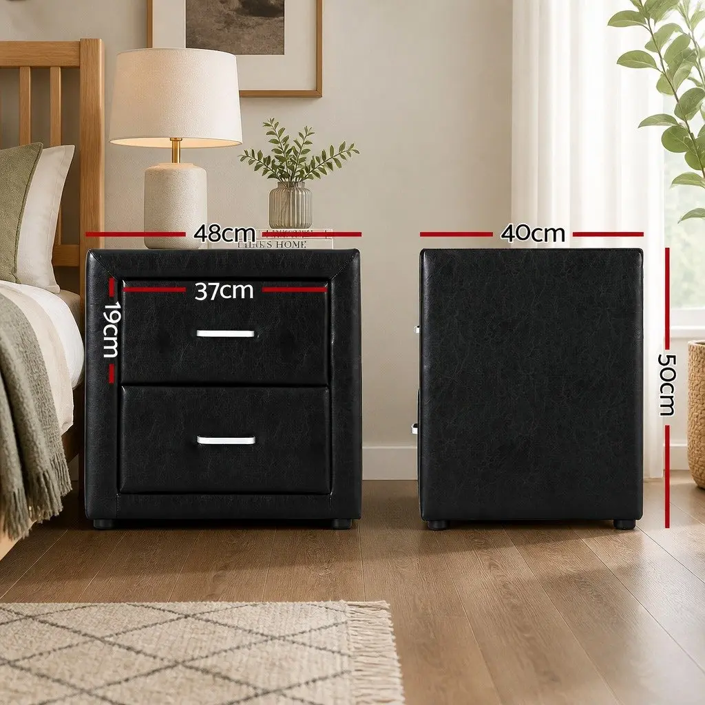 Bedside Table Black 2 Drawers Modern Storage PVC Leather