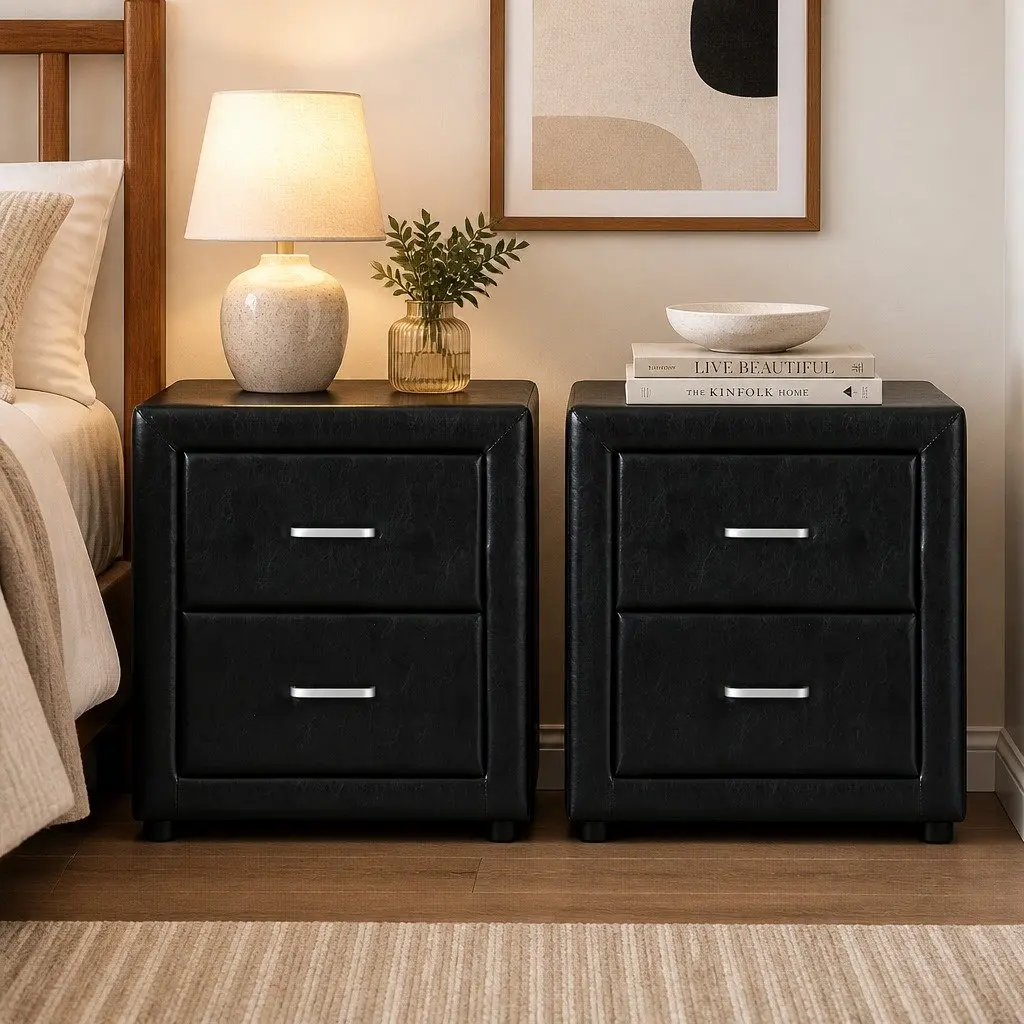 Bedside Table Black 2 Drawers Modern Storage PVC Leather