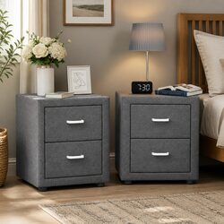 Bedside Table 2 Drawers Side Table Grey Linen Fabric Modern Bedroom Furniture