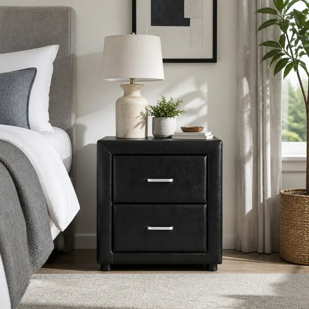 Bedside Table Black 48cm W 40cm D 50cm H Two Drawers Modern Bedroom Furniture Storage